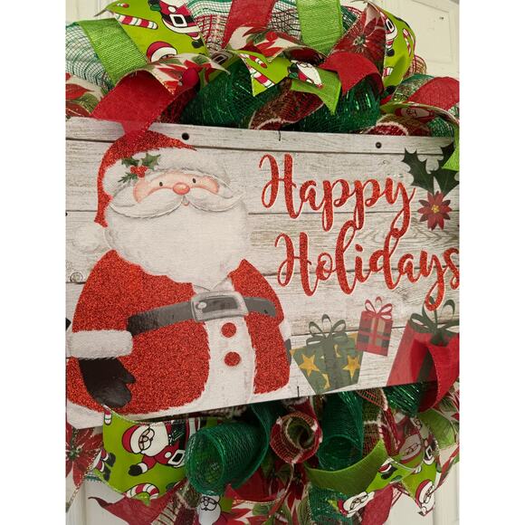 Handmade Santa Christmas Wreath Happy Holidays Sign Red Green White Ribbons xxx - Picture 3 of 7